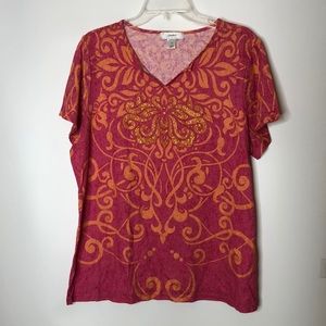 CJ Banks Vivid Pink and Orange Short Sleeve Top